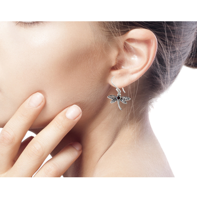 Garnet dangle earrings, 'Enchanted Dragonfly' - Handcrafted Indonesian Silver and Garnet Earrings