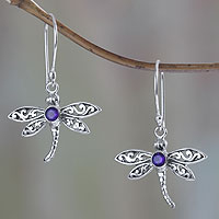 Amethyst dangle earrings, 'Enchanted Dragonfly' - Amethyst and Sterling Silver Dragonfly Earrings from Bali
