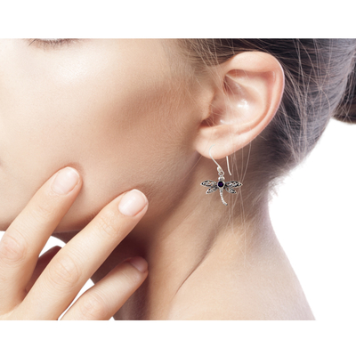 Amethyst dangle earrings, 'Enchanted Dragonfly' - Amethyst and Silver Earrings