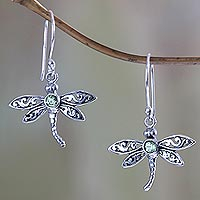 Peridot dangle earrings, 'Enchanted Dragonfly' - Sterling Silver and Peridot Dangle Earrings