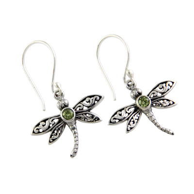 Peridot dangle earrings, 'Enchanted Dragonfly' - Sterling Silver and Peridot Dangle Earrings