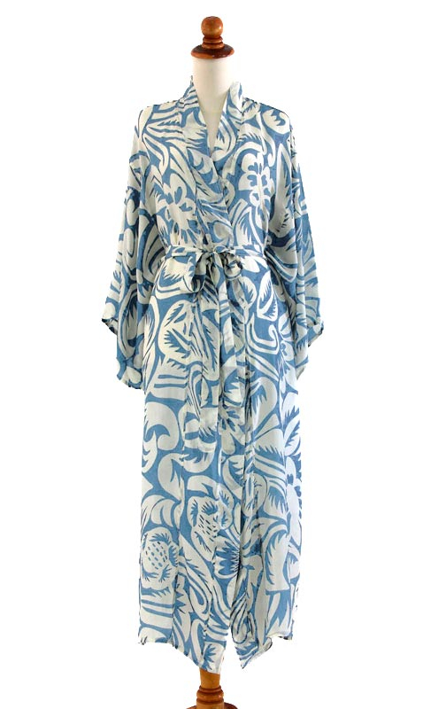 Women's Floral Silk Robe with Blue Tropical Flowers - Blue Hibiscus ...