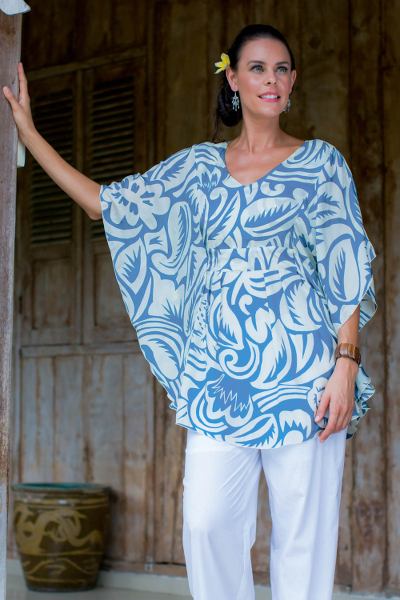 Silk caftan, 'Morning Blue' - Floral Patterned Silk Caftan
