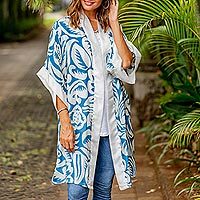 Silk robe, 'Floral Kimono' - Blue Silk Screen Print Tropical Hibiscus Women's Robe