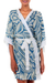 Silk robe, 'Floral Kimono' - Blue Silk Screen Print Tropical Hibiscus Women's Robe