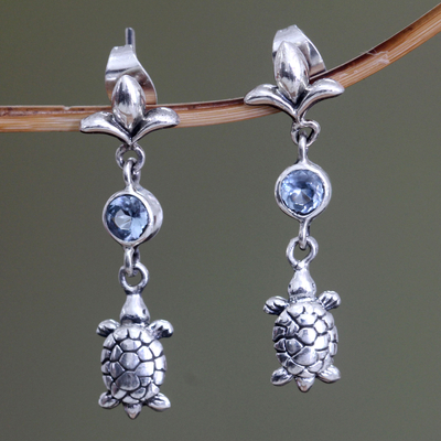 Blue topaz dangle earrings, 'Turtle Island' - Sterling Silver and Blue Topaz Dangle Earrings
