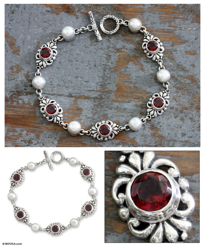 Cultured pearl and garnet link bracelet, 'Garden of Roses' - Pearl and Garnet Link Bracelet Handmade in Indonesia