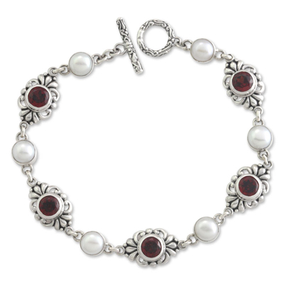 Cultured pearl and garnet link bracelet, 'Garden of Roses' - Pearl and Garnet Link Bracelet Handmade in Indonesia