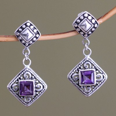 Amethyst-Baumelohrringe, 'Dream Garden - Fair gehandelte Ohrringe aus Sterlingsilber und Amethyst