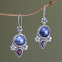 Cultured pearl and garnet floral earrings, 'Frangipani Trio'