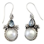 Cultured pearl and blue topaz floral earrings, 'Frangipani Trio' - Sterling Silver Pearl and Blue Topaz Earrings from Bali