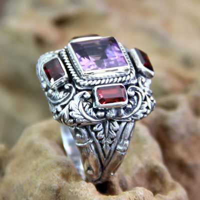 Garnet and amethyst multi-stone ring, 'Temple Guardian' - Amethyst and Garnet Cocktail Ring from Indonesia