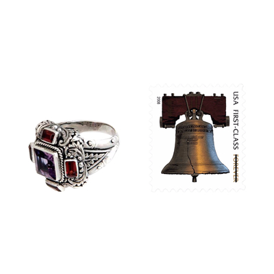Garnet and amethyst multi-stone ring, 'Temple Guardian' - Amethyst and Garnet Cocktail Ring from Indonesia