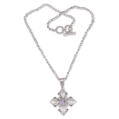 Amethyst flower necklace, 'Jasmine Wonder' - Sterling Silver and Amethyst Cross Necklace