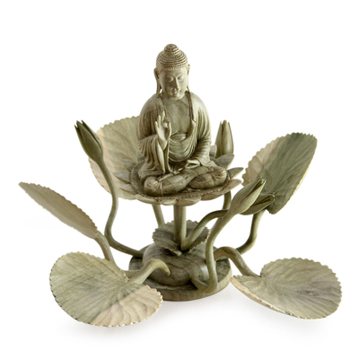 Wood sculpture, 'Buddha on a Lotus' - Hibiscus Wood Buddhism Sculpture