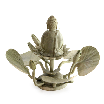 Wood sculpture, 'Buddha on a Lotus' - Hibiscus Wood Buddhism Sculpture
