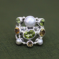 Pearl and peridot cluster ring, 'Tree of Lights' - Handcrafted Pearl and Gemstone Ring from Bali and Java