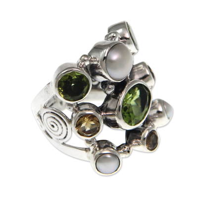 Pearl and peridot cluster ring, 'Tree of Lights' - Pearl and Peridot Cluster Ring