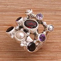 Pearl and garnet cluster ring, 'Tree of Lights' - Hand Made Pearl and Garnet Multigem Ring