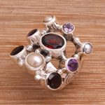 Pearl and garnet cluster ring, 'Tree of Lights' - Hand Made Pearl and Garnet Multigem Ring