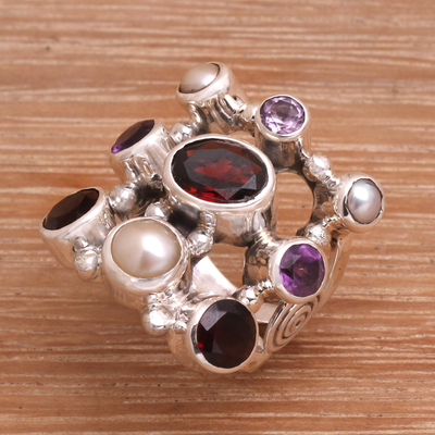 Perlen- und Granat-Clusterring - Handgefertigter Perlen- und Granat-Multigem-Ring