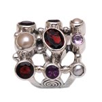 Pearl and garnet cluster ring, 'Tree of Lights' - Hand Made Pearl and Garnet Multigem Ring