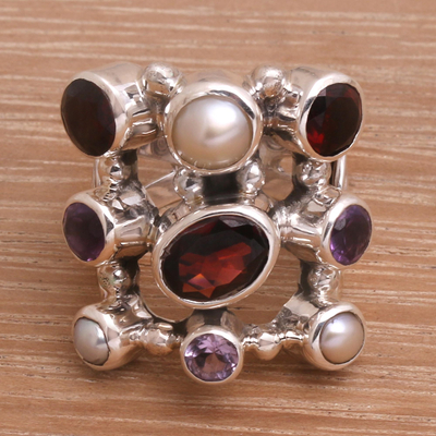 Pearl and garnet cluster ring, 'Tree of Lights' - Hand Made Pearl and Garnet Multigem Ring