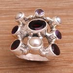 Pearl and garnet cluster ring, 'Tree of Lights' - Hand Made Pearl and Garnet Multigem Ring