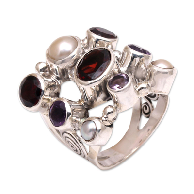 Pearl and garnet cluster ring, 'Tree of Lights' - Hand Made Pearl and Garnet Multigem Ring