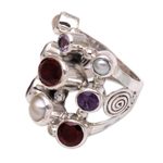 Pearl and garnet cluster ring, 'Tree of Lights' - Hand Made Pearl and Garnet Multigem Ring