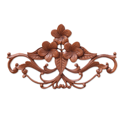 Wood wall sculpture, 'Frangipani Garland' - Handmade Floral Wood Relief Panel from Indonesia