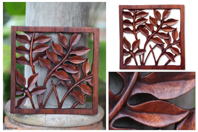 Wood relief panel, 'Melinjo Leaves' - Hand Crafted Wood Relief Panel