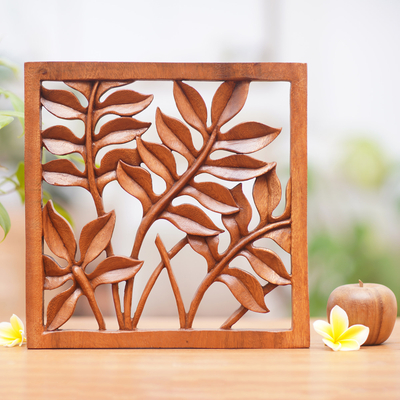 Wood relief panel, 'Melinjo Leaves' - Hand Crafted Wood Relief Panel