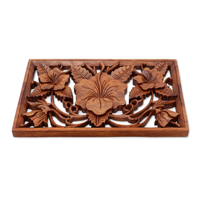 Wood relief panel, 'Hibiscus Bouquet' - Hand Crafted Floral Wood Relief Panel from Indonesia