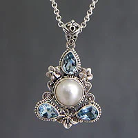 Cultured pearl and blue topaz floral necklace, 'Frangipani Trio' - Artisan Crafted Blue Topaz and Pearl Silver Necklace