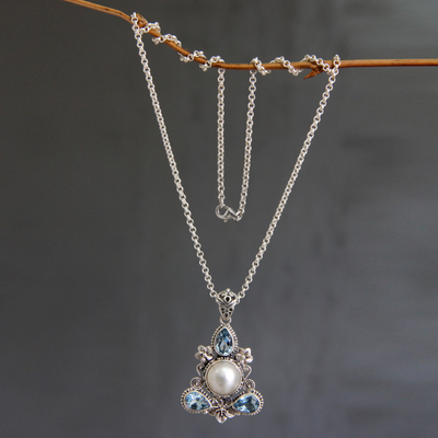 Cultured pearl and blue topaz floral necklace, 'Frangipani Trio' - Artisan Crafted Blue Topaz and Pearl Silver Necklace