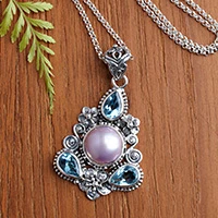 Cultured pearl and blue topaz floral necklace, 'Pink Frangipani Trio' - Unique Pearl and Blue Topaz Pendant Necklace