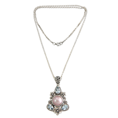 Cultured pearl and blue topaz floral necklace, 'Pink Frangipani Trio' - Unique Pearl and Blue Topaz Pendant Necklace