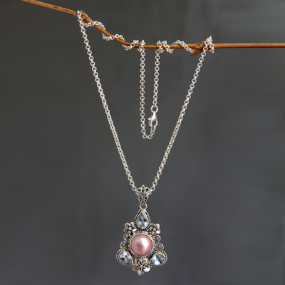 Cultured pearl and blue topaz floral necklace, 'Pink Frangipani Trio' - Unique Pearl and Blue Topaz Pendant Necklace