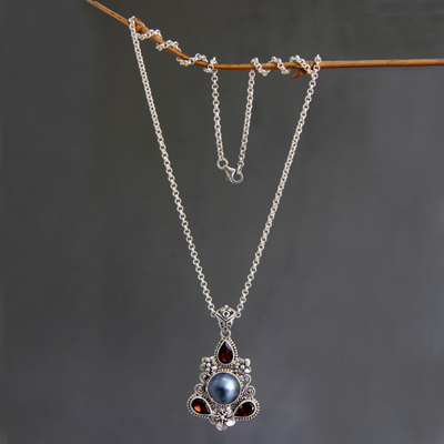 Cultured pearl and garnet floral necklace, 'Frangipani Trio' - Hand Made Garnet and Pearl Necklace