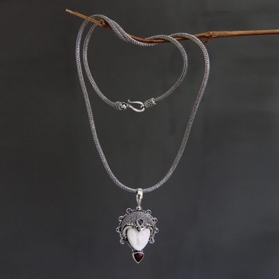 Garnet and Bone Silver Pendant Necklace - Princess Aura | NOVICA