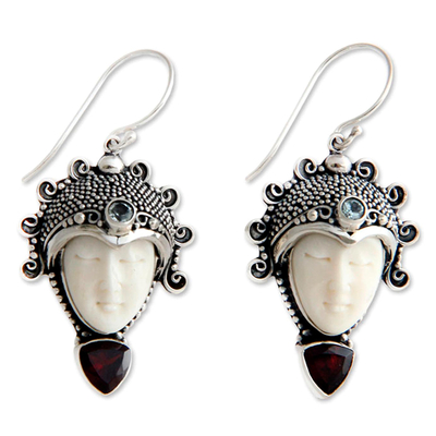 Garnet and blue topaz dangle earrings, 'Princess Aura' - Hand Crafted Bone and Garnet Earrings
