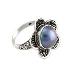 Cultured pearl cocktail ring, 'Blue Jasmine' - Handcrafted Floral Sterling Silver and Pearl Ring