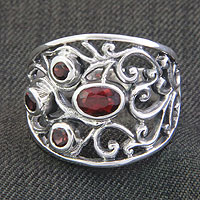 Garnet band ring, 'Tree of Destiny' - Sterling Silver and Garnet Ring from Indonesia