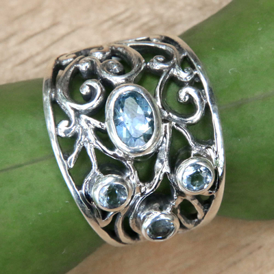 Blue topaz band ring, 'Tree of Destiny' - Unique Blue Topaz and Silver Ring