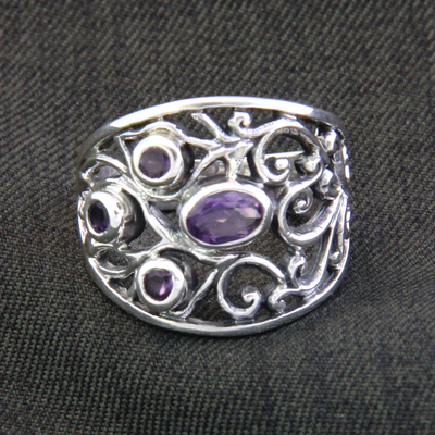 Amethyst band ring, 'Tree of Destiny' - Handcrafted Amethyst and Silver Ring