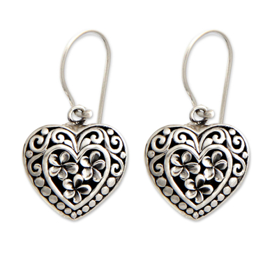 Sterling silver flower earrings, 'Loyal Hearts' - Floral Sterling Silver Heart Earrings 