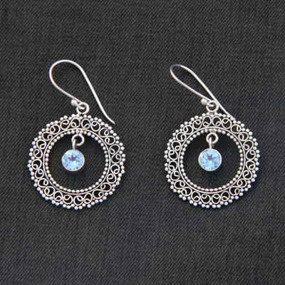 Blue topaz dangle earrings, 'Radiant Halo' - Indonesian Sterling Silver and Blue Topaz Earrings