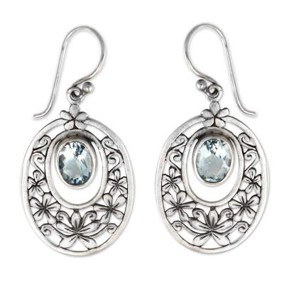 Blue topaz flower earrings, 'Jasmine Raindrops' - Hand Crafted Blue Topaz and Sterling Silver Dangle Earrings
