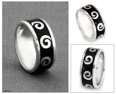 Sterling silver band ring, 'Midnight Waves' - Sterling silver band ring